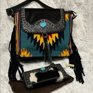 Montana West Black and Turquoise Fringe Bag Set